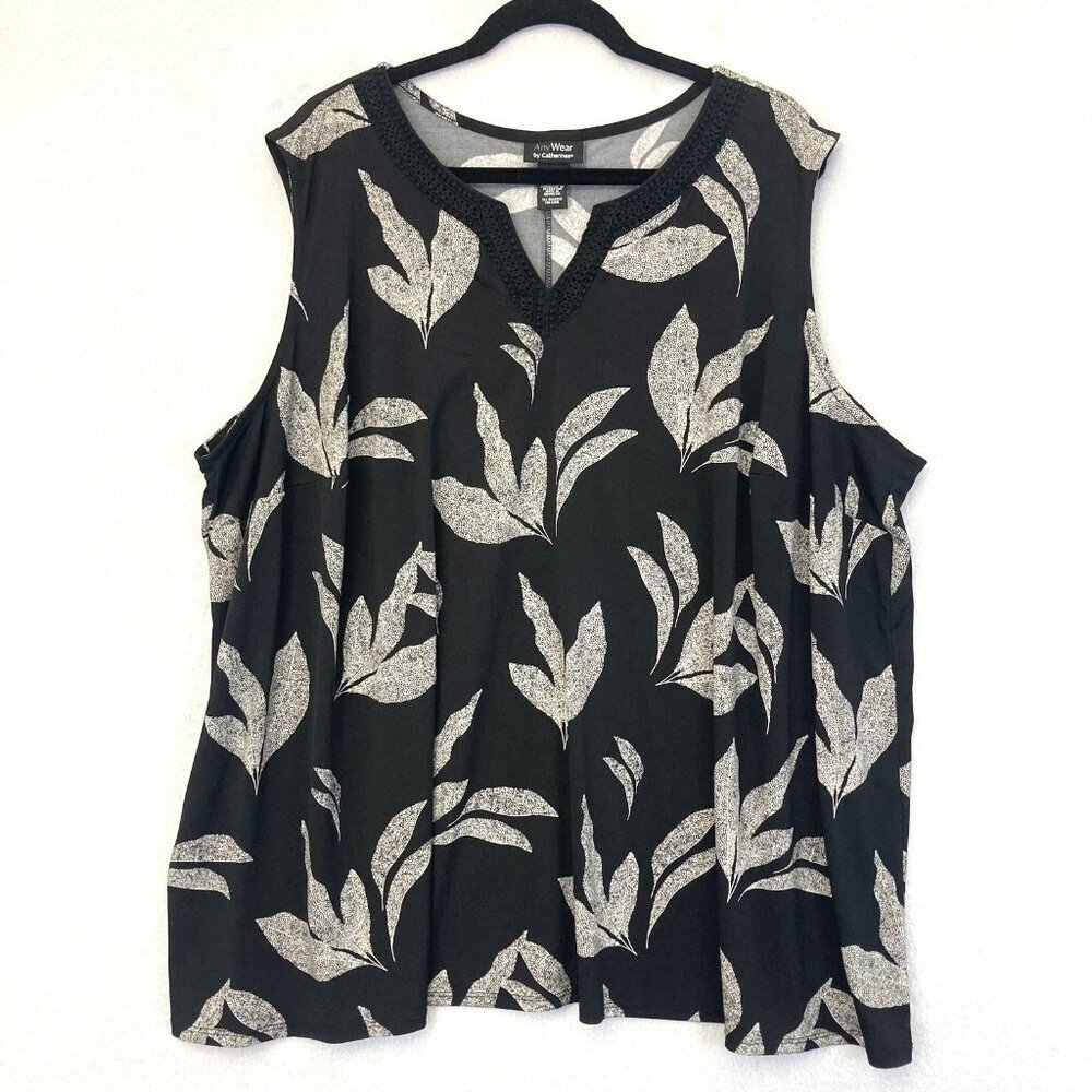 Catherines AnyWear Slinky Tank Top Womens 4X 30/32W Leaf Print Sleeveless Black